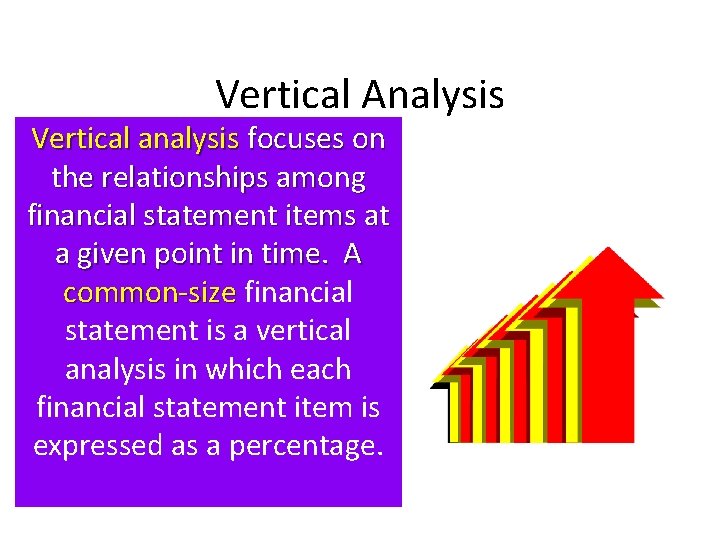 Vertical Analysis Vertical analysis focuses on the relationships among financial statement items at a