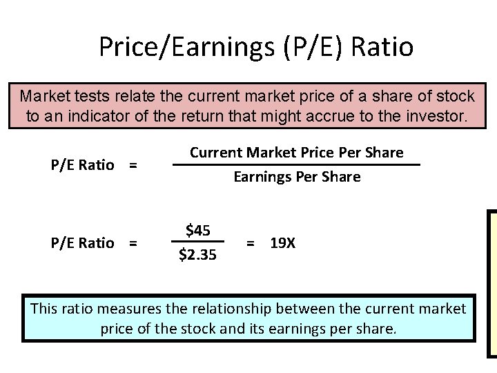 Price/Earnings (P/E) Ratio Market tests relate the current market price of a share of