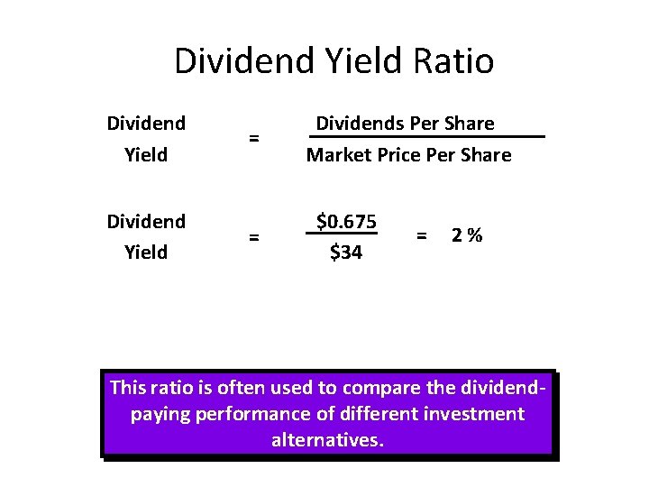 Dividend Yield Ratio Dividend Yield = = Dividends Per Share Market Price Per Share