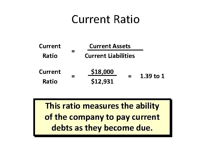 Current Ratio = = Current Assets Current Liabilities $18, 000 $12, 931 = 1.