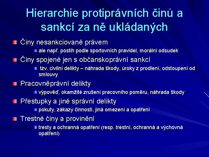 Hierarchie protiprávních činů a sankcí za ně ukládaných Činy nesankciované právem ale např. postih