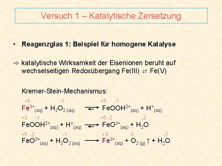 Versuch 1 – Katalytische Zersetzung • Reagenzglas 1: Beispiel für homogene Katalyse ⇨ katalytische