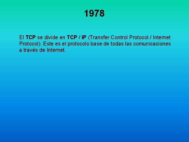 1978 El TCP se divide en TCP / IP (Transfer Control Protocol / Internet