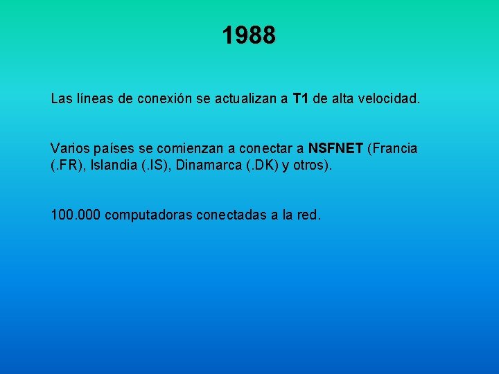 1988 Las líneas de conexión se actualizan a T 1 de alta velocidad. Varios