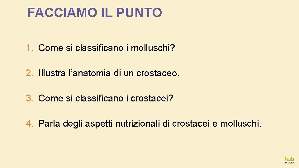 FACCIAMO IL PUNTO 1. Come si classificano i molluschi? 2. Illustra l’anatomia di un