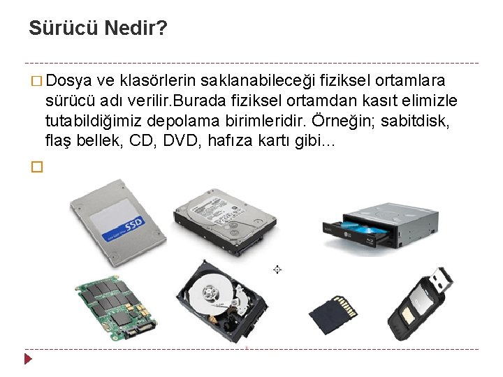 Sürücü Nedir? � Dosya ve klasörlerin saklanabileceği fiziksel ortamlara sürücü adı verilir. Burada fiziksel