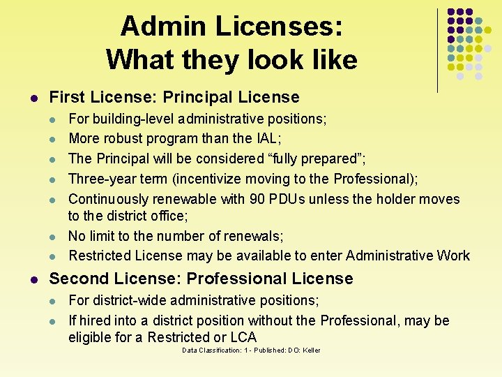 Admin Licenses: What they look like l First License: Principal License l l l