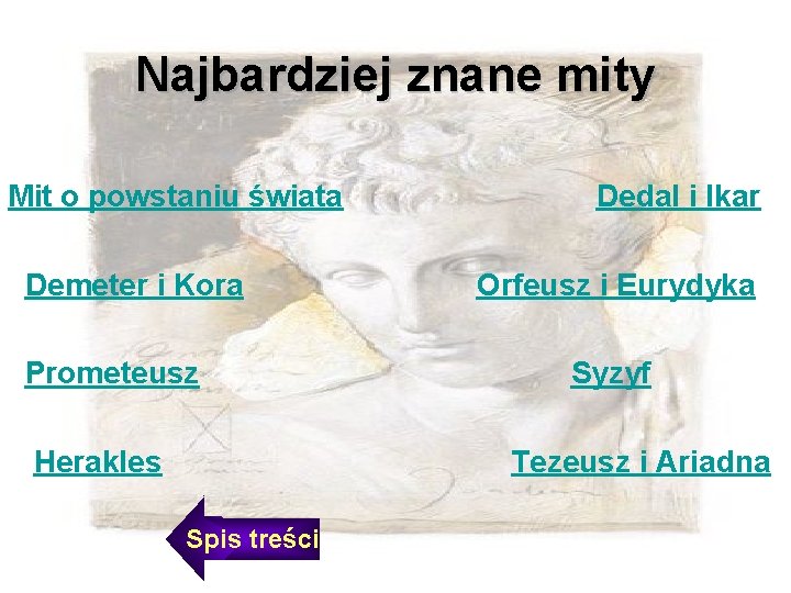 Najbardziej znane mity Mit o powstaniu świata Demeter i Kora Prometeusz Herakles Dedal i