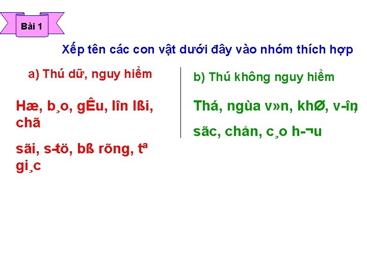 Bài 1 Xếp tên các con vật dưới đây vào nhóm thích hợp a)