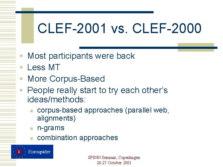 CLEF-2001 vs. CLEF-2000 w w Most participants were back Less MT More Corpus-Based People