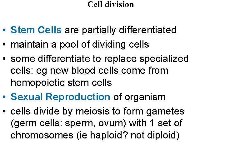 Cell division • Stem Cells are partially differentiated • maintain a pool of dividing Cell division • Stem Cells are partially differentiated • maintain a pool of dividing