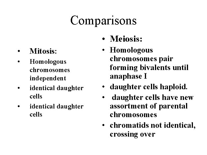 Comparisons • Meiosis: • Mitosis: • Homologous chromosomes independent identical daughter cells • • Comparisons • Meiosis: • Mitosis: • Homologous chromosomes independent identical daughter cells • •