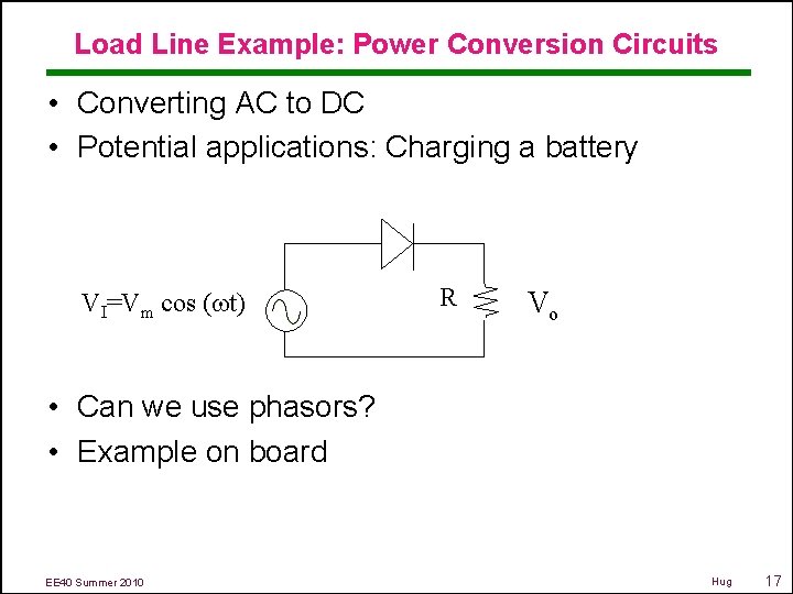 Load Line Example: Power Conversion Circuits • Converting AC to DC • Potential applications: