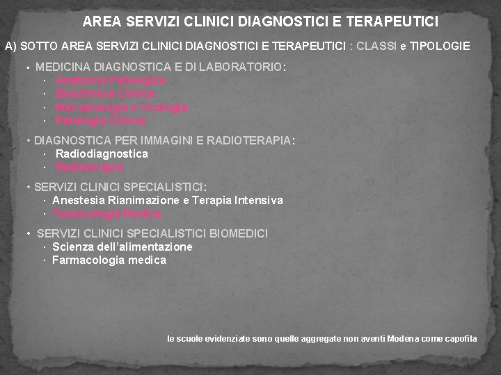 AREA SERVIZI CLINICI DIAGNOSTICI E TERAPEUTICI A) SOTTO AREA SERVIZI CLINICI DIAGNOSTICI E TERAPEUTICI