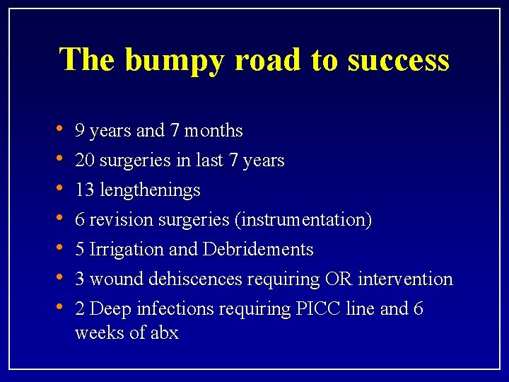 The bumpy road to success • • 9 years and 7 months 20 surgeries