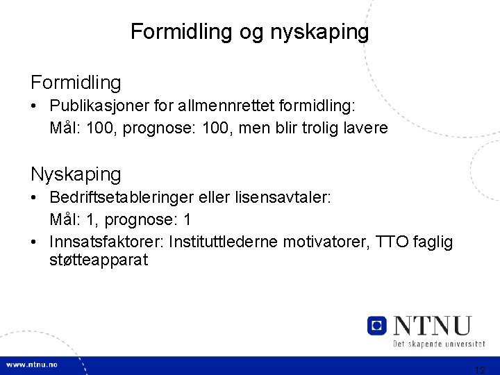 Formidling og nyskaping Formidling • Publikasjoner for allmennrettet formidling: Mål: 100, prognose: 100, men