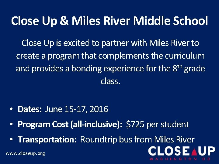 Close Up & Miles River Middle School Close Up is excited to partner with