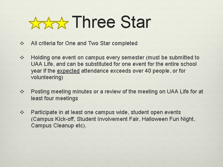 Three Star v All criteria for One and Two Star completed v Holding one