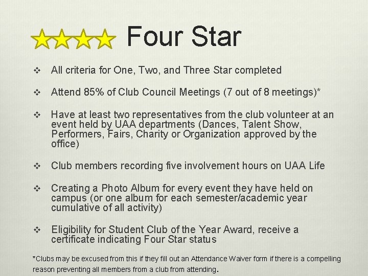 Four Star v All criteria for One, Two, and Three Star completed v Attend