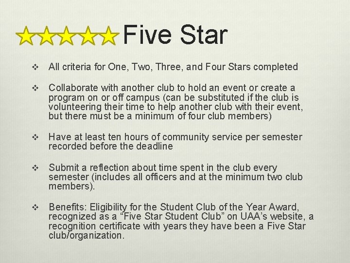 Five Star v All criteria for One, Two, Three, and Four Stars completed v