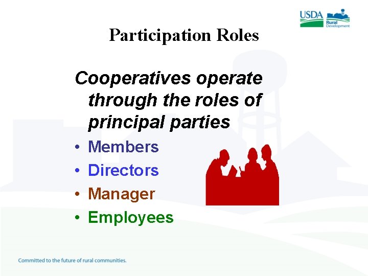 Participation Roles Cooperatives operate through the roles of principal parties • • Members Directors