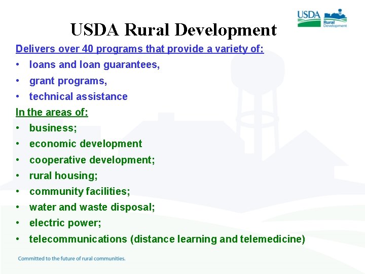 USDA Rural Development Delivers over 40 programs that provide a variety of: • loans