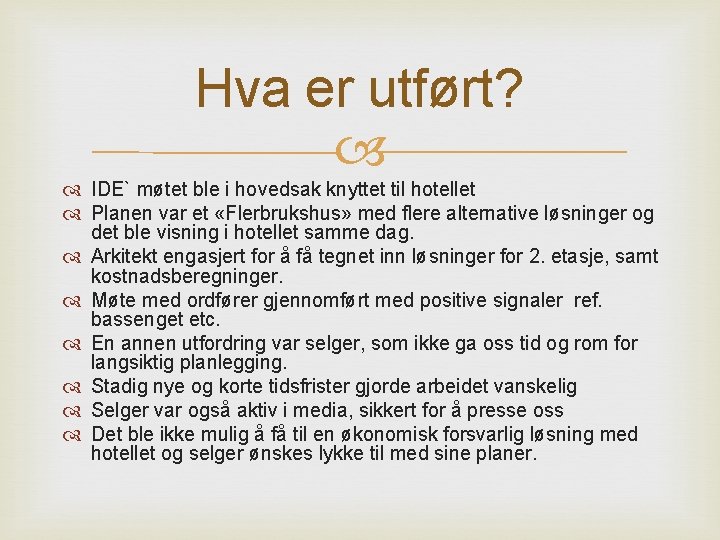 Hva er utført? IDE` møtet ble i hovedsak knyttet til hotellet Planen var et