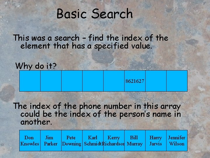 Basic Search This was a search – find the index of the element that