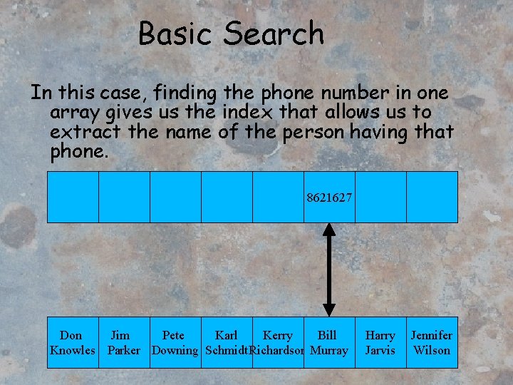 Basic Search In this case, finding the phone number in one array gives us