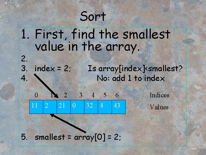 Sort 1. First, find the smallest value in the array. 2. 3. index =