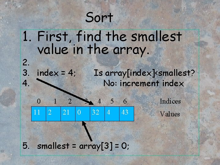 Sort 1. First, find the smallest value in the array. 2. 3. index =