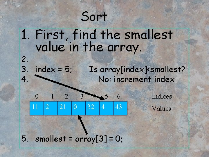 Sort 1. First, find the smallest value in the array. 2. 3. index =