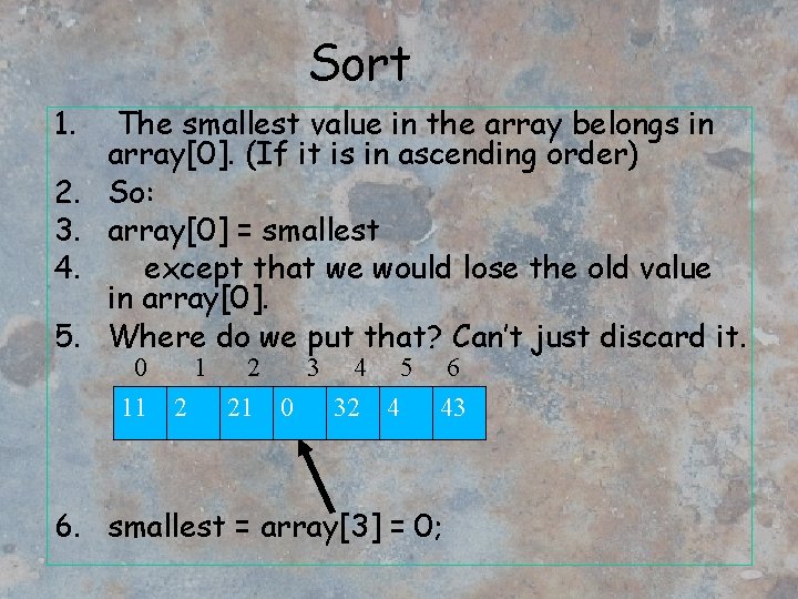 Sort 1. 2. 3. 4. 5. The smallest value in the array belongs in