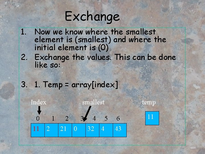 Exchange 1. Now we know where the smallest element is (smallest) and where the