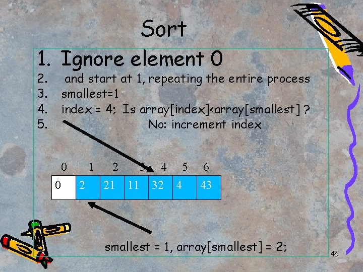 Sort 1. Ignore element 0 2. 3. 4. 5. and start at 1, repeating