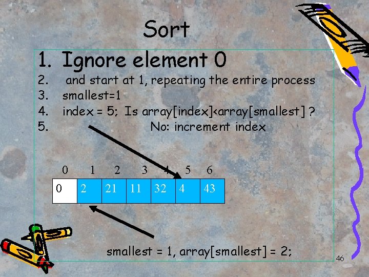Sort 1. Ignore element 0 2. 3. 4. 5. and start at 1, repeating