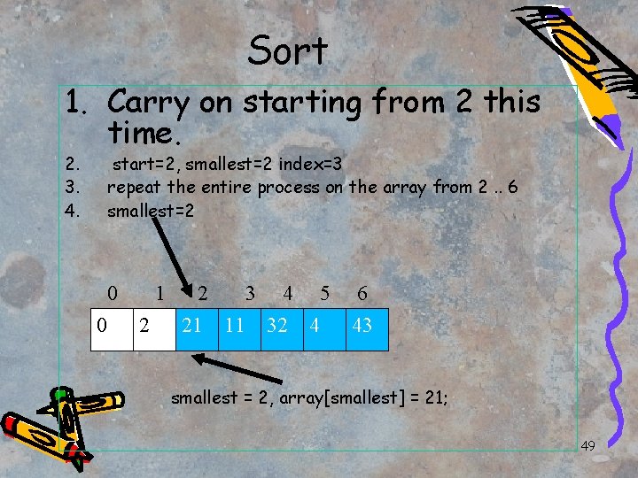 Sort 1. Carry on starting from 2 this time. 2. 3. 4. start=2, smallest=2