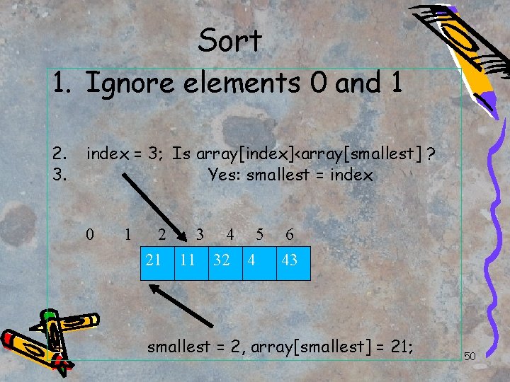Sort 1. Ignore elements 0 and 1 2. 3. index = 3; Is array[index]<array[smallest]