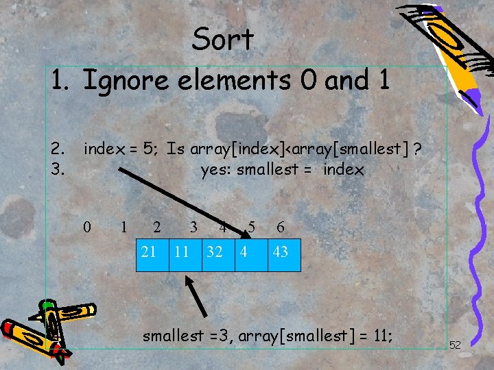 Sort 1. Ignore elements 0 and 1 2. 3. index = 5; Is array[index]<array[smallest]