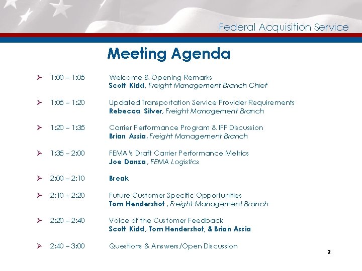 Federal Acquisition Service Meeting Agenda Ø 1: 00 – 1: 05 Welcome & Opening