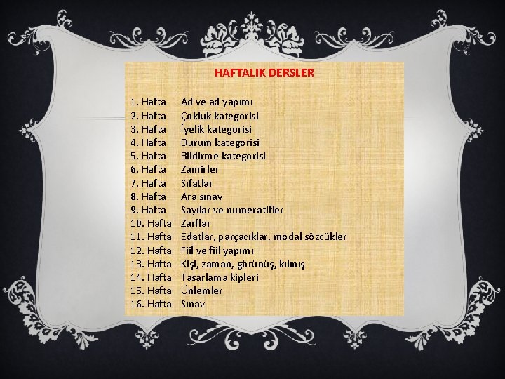 HAFTALIK DERSLER 1. Hafta 2. Hafta 3. Hafta 4. Hafta 5. Hafta 6. Hafta