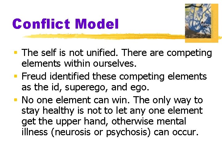 Conflict Model § The self is not unified. There are competing elements within ourselves.