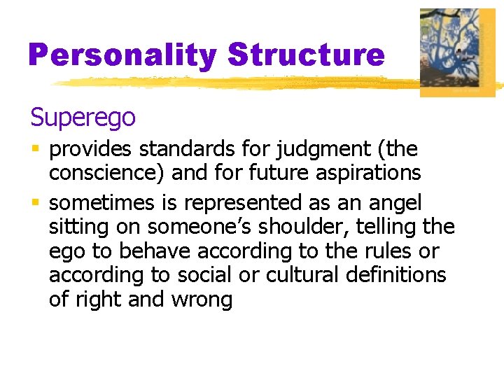 Personality Structure Superego § provides standards for judgment (the conscience) and for future aspirations