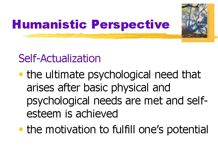 Humanistic Perspective Self-Actualization § the ultimate psychological need that arises after basic physical and