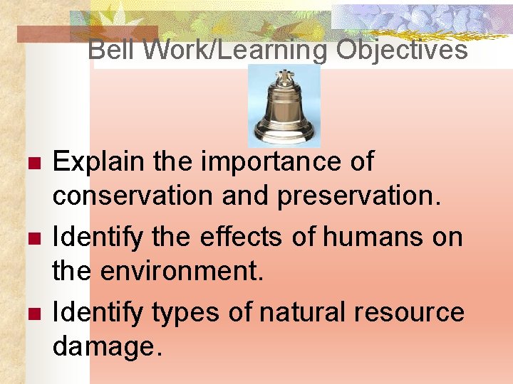 Bell Work/Learning Objectives n n n Explain the importance of conservation and preservation. Identify