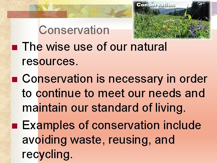 n n n Conservation The wise use of our natural resources. Conservation is necessary
