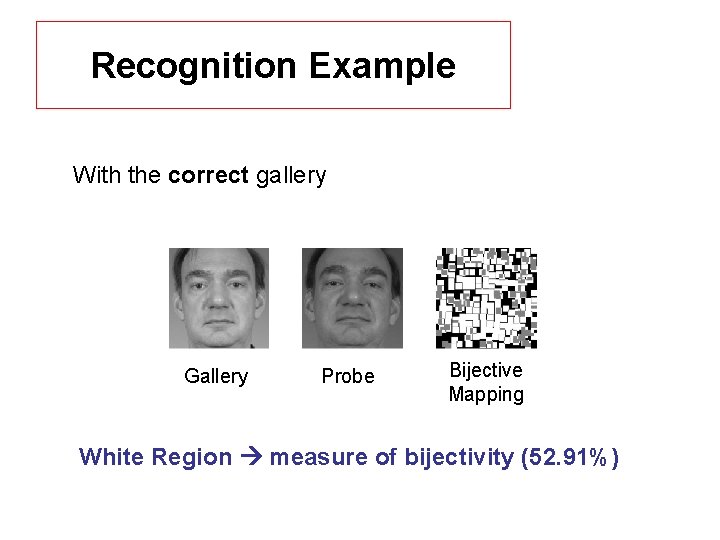 Recognition Example With the correct gallery Gallery Probe Bijective Mapping White Region measure of