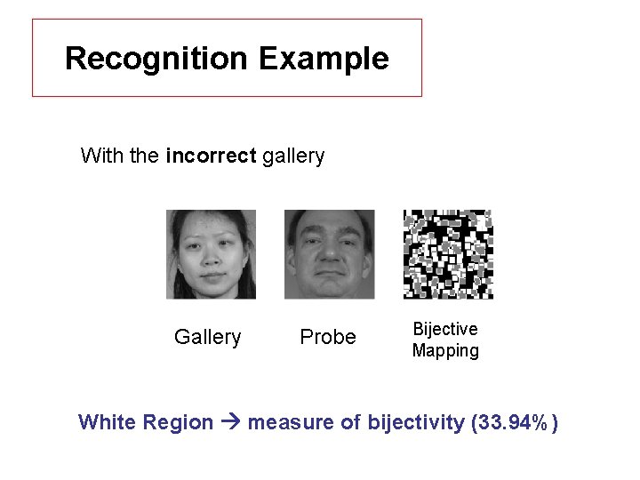 Recognition Example With the incorrect gallery Gallery Probe Bijective Mapping White Region measure of