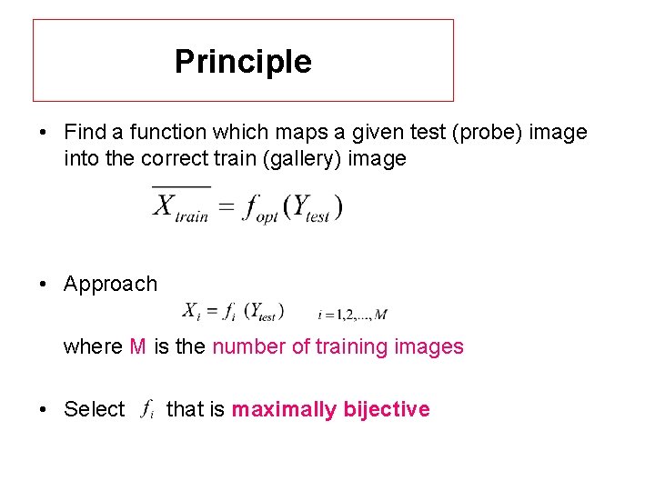 Principle • Find a function which maps a given test (probe) image into the