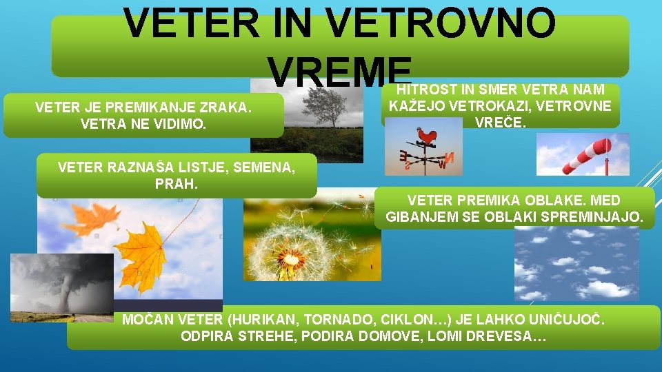 VETER IN VETROVNO VREME VETER JE PREMIKANJE ZRAKA. VETRA NE VIDIMO. HITROST IN SMER